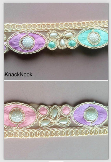 Gold Sheer Net Trim, Beige, Purple And Green / Pink Embroidery With FlatBack White Beads Embellishments